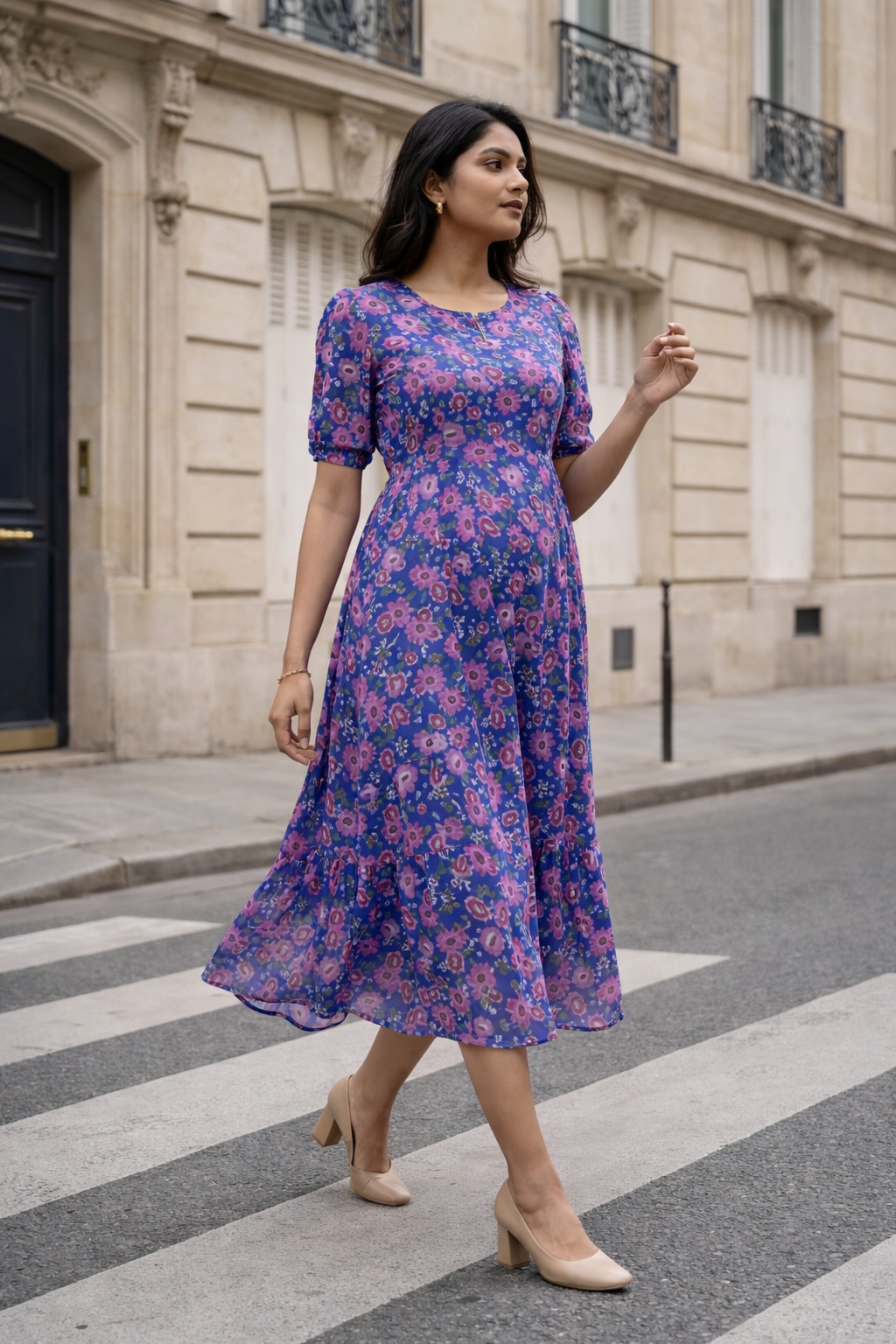 Blue Floral Georgette Maternity Kurti with Concealed Feeding Zip