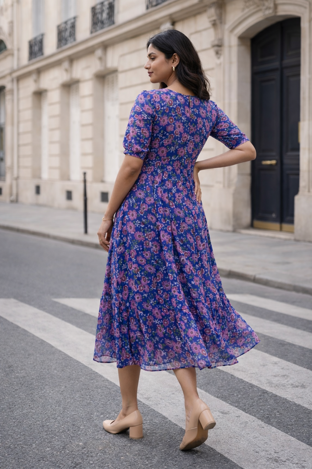 Blue Floral Georgette Maternity Kurti with Concealed Feeding Zip