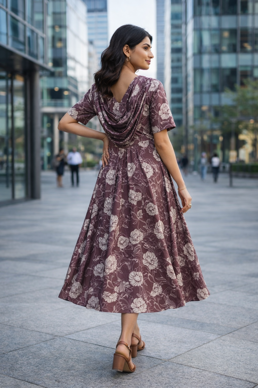 Wine Printed Poly Cotton Maternity Kurti with Centre Zip & Dupatta Style – Flared Feeding Wear