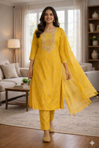 Light Yellow Roman Silk Embroidered Salwar Suit with Dupatta