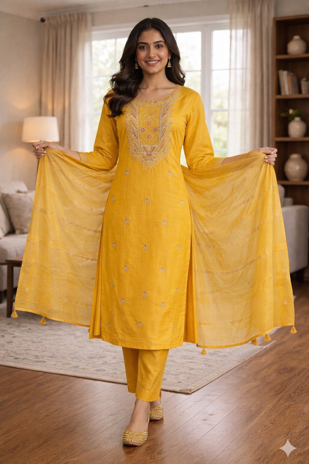 Light Yellow Roman Silk Embroidered Salwar Suit with Dupatta