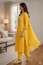 Light Yellow Roman Silk Embroidered Salwar Suit with Dupatta