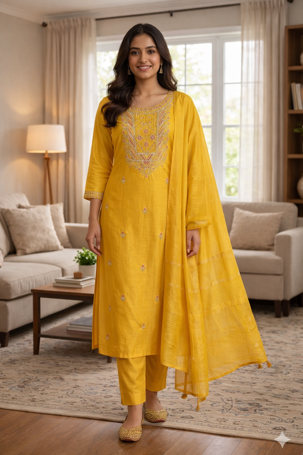 Light Yellow Roman Silk Embroidered Salwar Suit with Dupatta