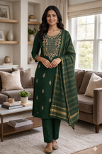 Elegant Dark Green Roman Silk Embroidered Salwar Suit with Striped Dupatta