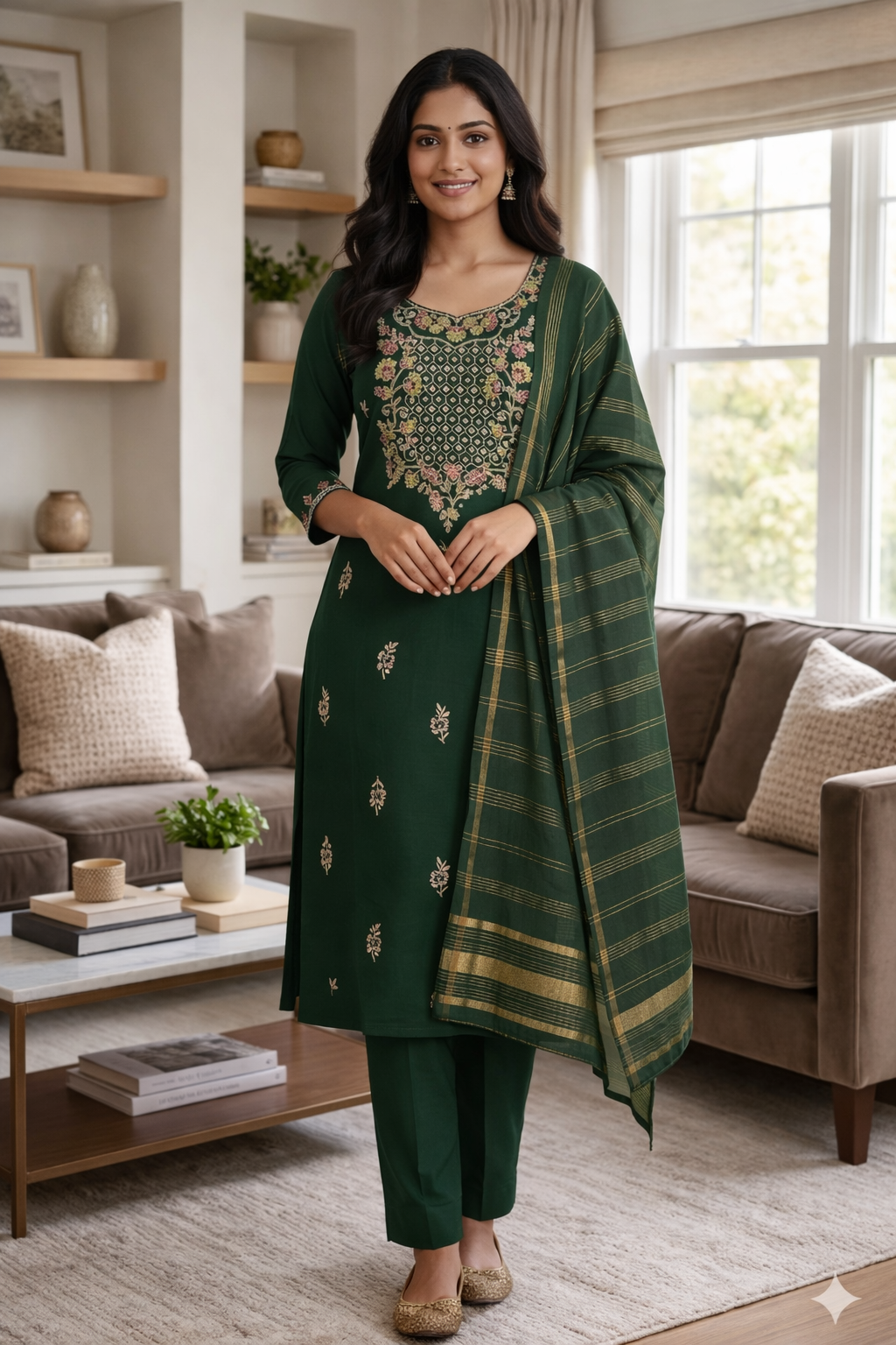 Elegant Dark Green Roman Silk Embroidered Salwar Suit with Striped Dupatta