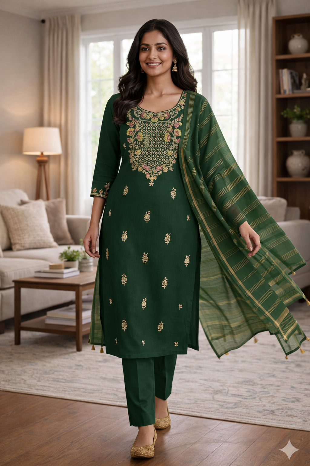 Elegant Dark Green Roman Silk Embroidered Salwar Suit with Striped Dupatta