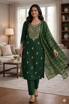 Elegant Dark Green Roman Silk Embroidered Salwar Suit with Striped Dupatta