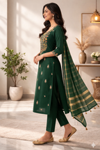Elegant Dark Green Roman Silk Embroidered Salwar Suit with Striped Dupatta