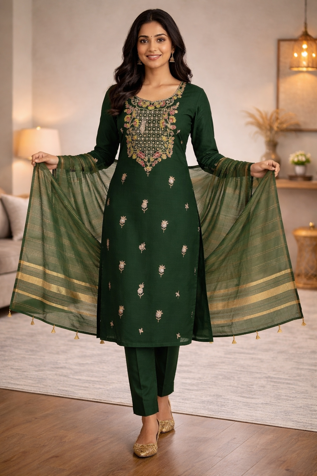 Elegant Dark Green Roman Silk Embroidered Salwar Suit with Striped Dupatta
