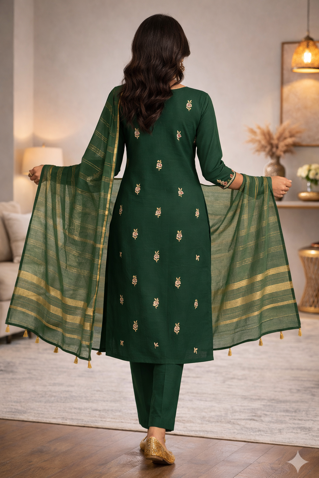 Elegant Dark Green Roman Silk Embroidered Salwar Suit with Striped Dupatta