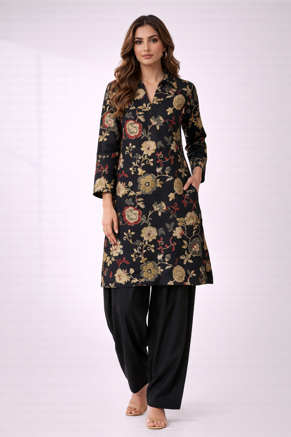 Women’s Collar Neck Co-Ord Set with Patiala Pant – Vatican Fabric Regular Wear
