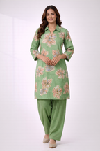 Pista Green Floral Co-Ord Set with Patiala Pant – Collar Neck Casual Wear