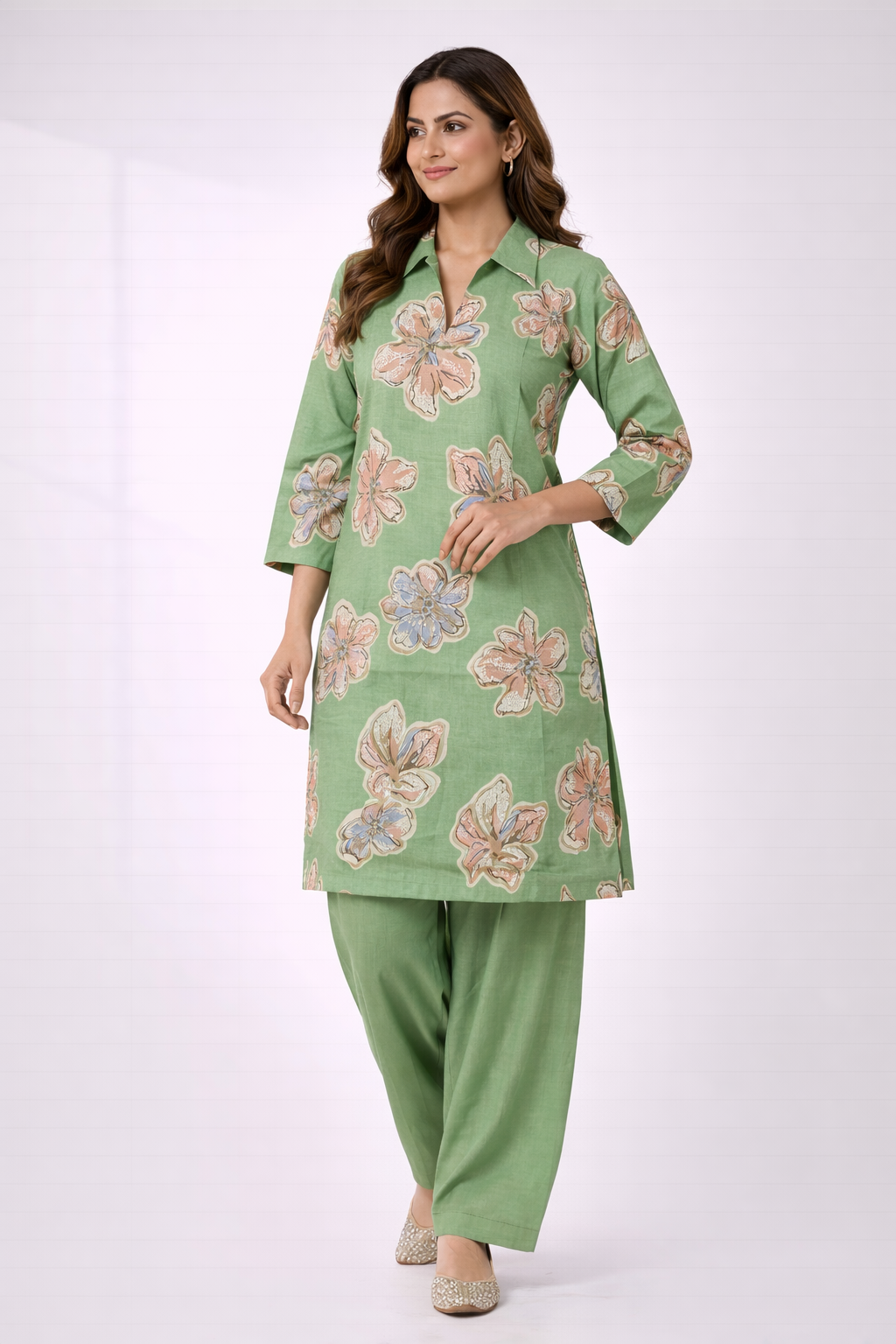 Pista Green Floral Co-Ord Set with Patiala Pant – Collar Neck Casual Wear