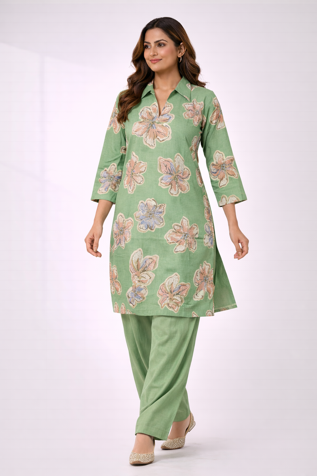 Pista Green Floral Co-Ord Set with Patiala Pant – Collar Neck Casual Wear