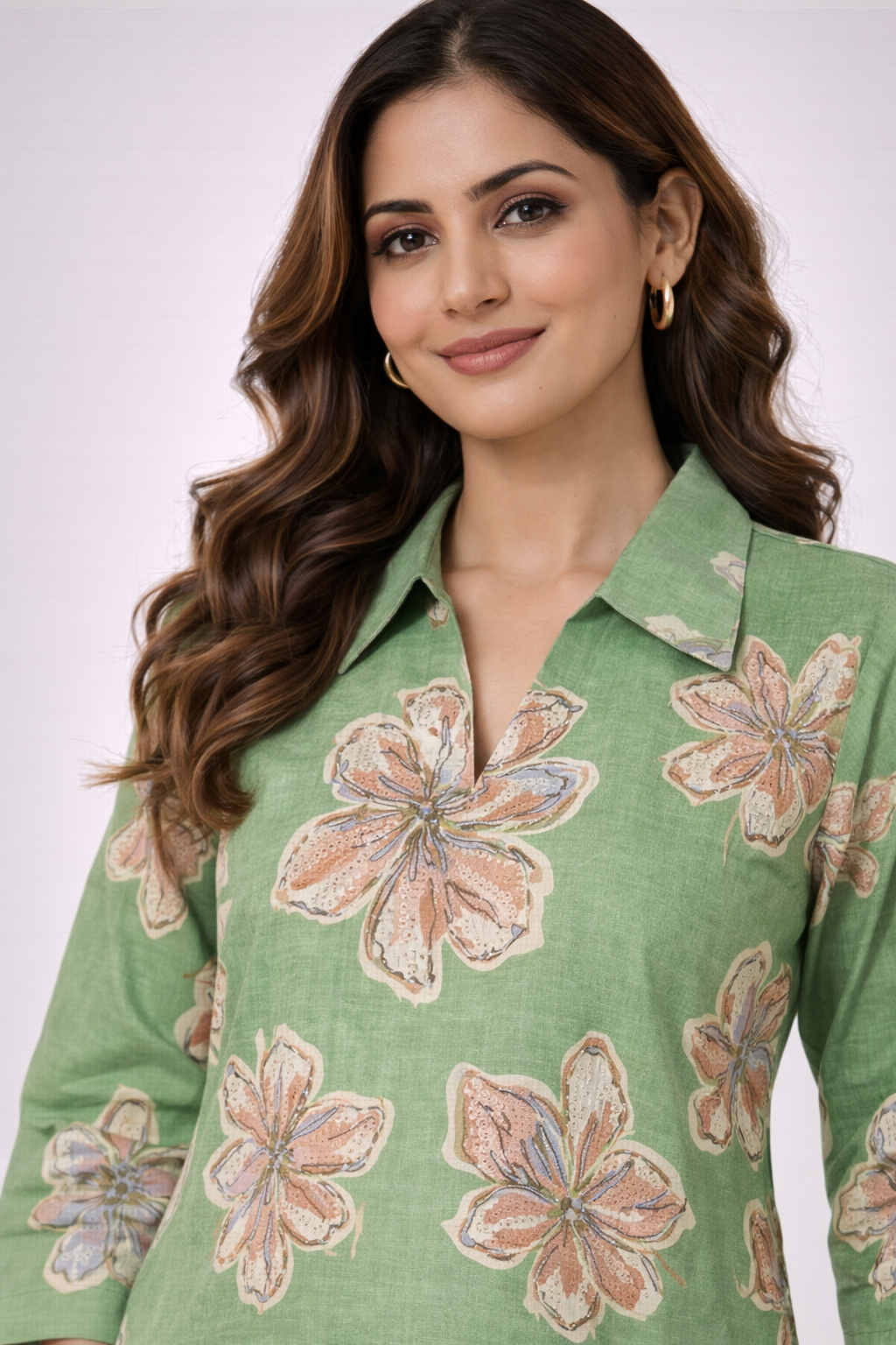 Pista Green Floral Co-Ord Set with Patiala Pant – Collar Neck Casual Wear