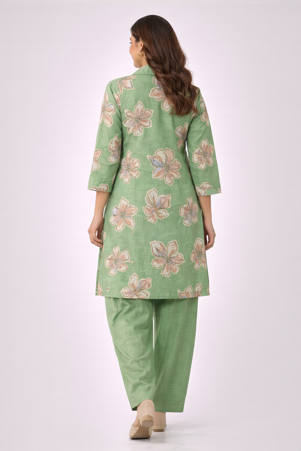 Pista Green Floral Co-Ord Set with Patiala Pant – Collar Neck Casual Wear