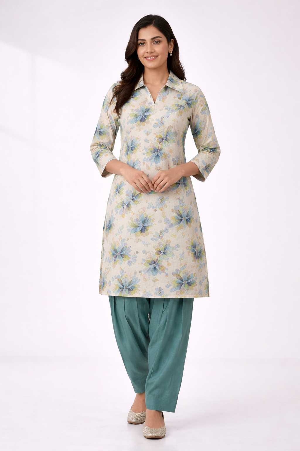 Multicolour Floral Co-Ord Set with Patiala Pant – Collar Neck Casual Wear