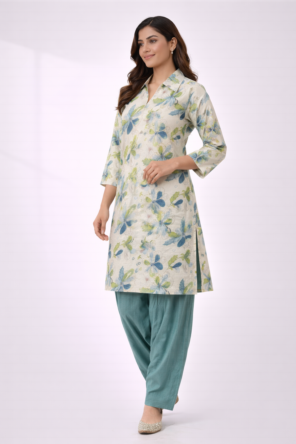 Multicolour Floral Co-Ord Set with Patiala Pant – Collar Neck Casual Wear