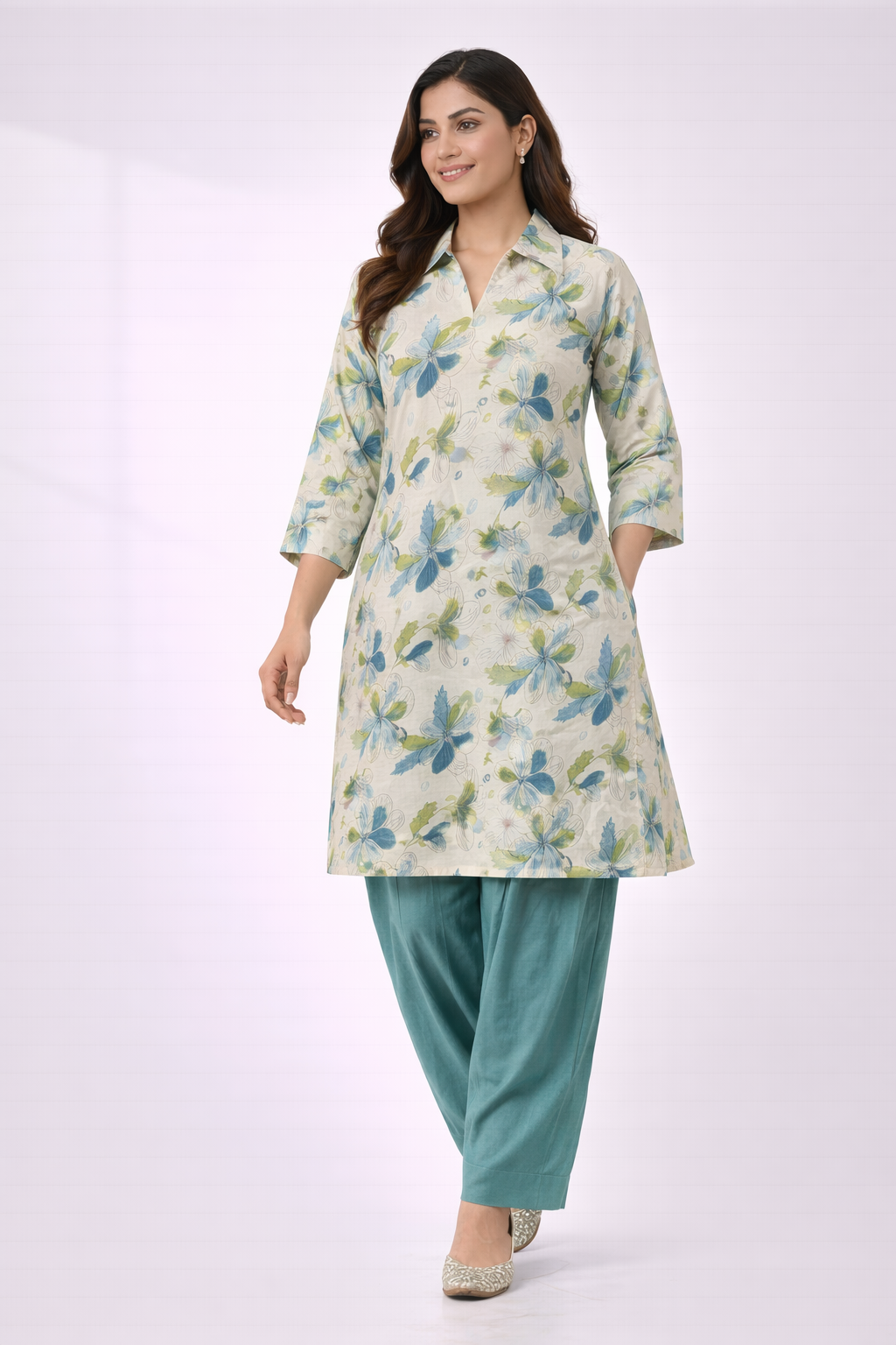 Multicolour Floral Co-Ord Set with Patiala Pant – Collar Neck Casual Wear