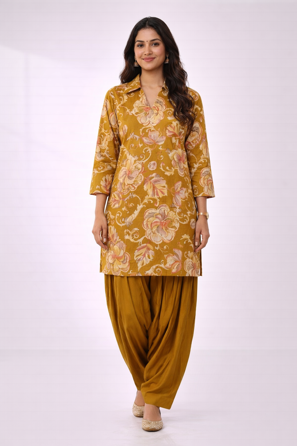 Mustard Floral Co-Ord Set with Patiala Pant – Collar Neck Ethnic Casual Wear