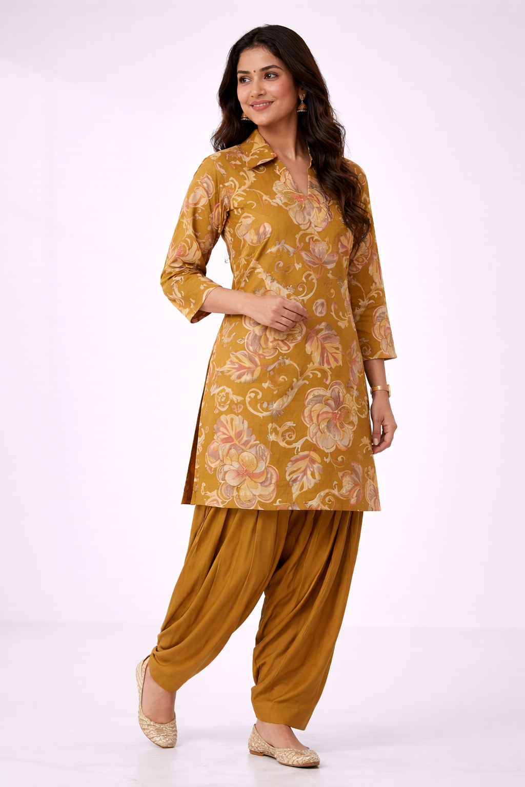 Mustard Floral Co-Ord Set with Patiala Pant – Collar Neck Ethnic Casual Wear