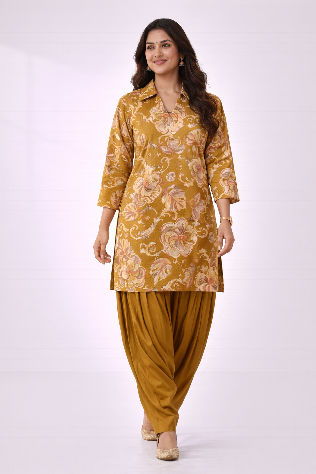 Mustard Floral Co-Ord Set with Patiala Pant – Collar Neck Ethnic Casual Wear