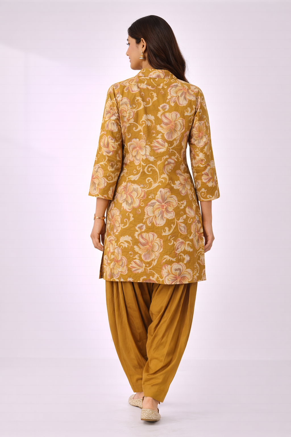 Mustard Floral Co-Ord Set with Patiala Pant – Collar Neck Ethnic Casual Wear