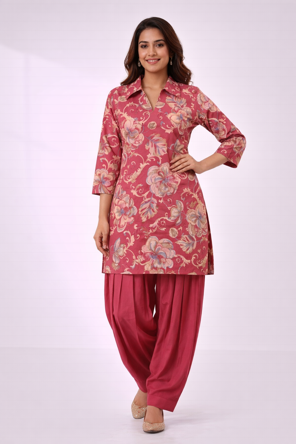 Onion Pink Floral Co-Ord Set with Patiala Pant – Collar Neck Ethnic Wear