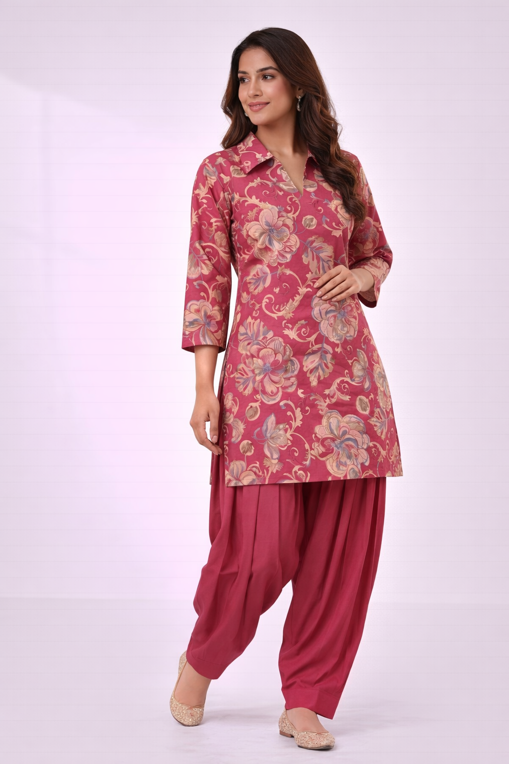 Onion Pink Floral Co-Ord Set with Patiala Pant – Collar Neck Ethnic Wear