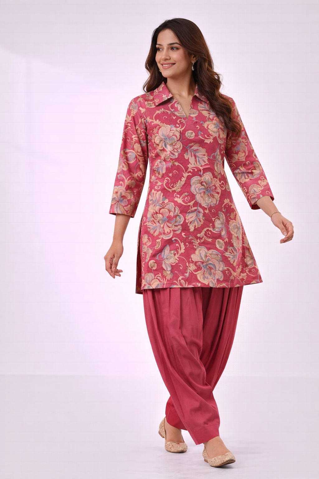 Onion Pink Floral Co-Ord Set with Patiala Pant – Collar Neck Ethnic Wear