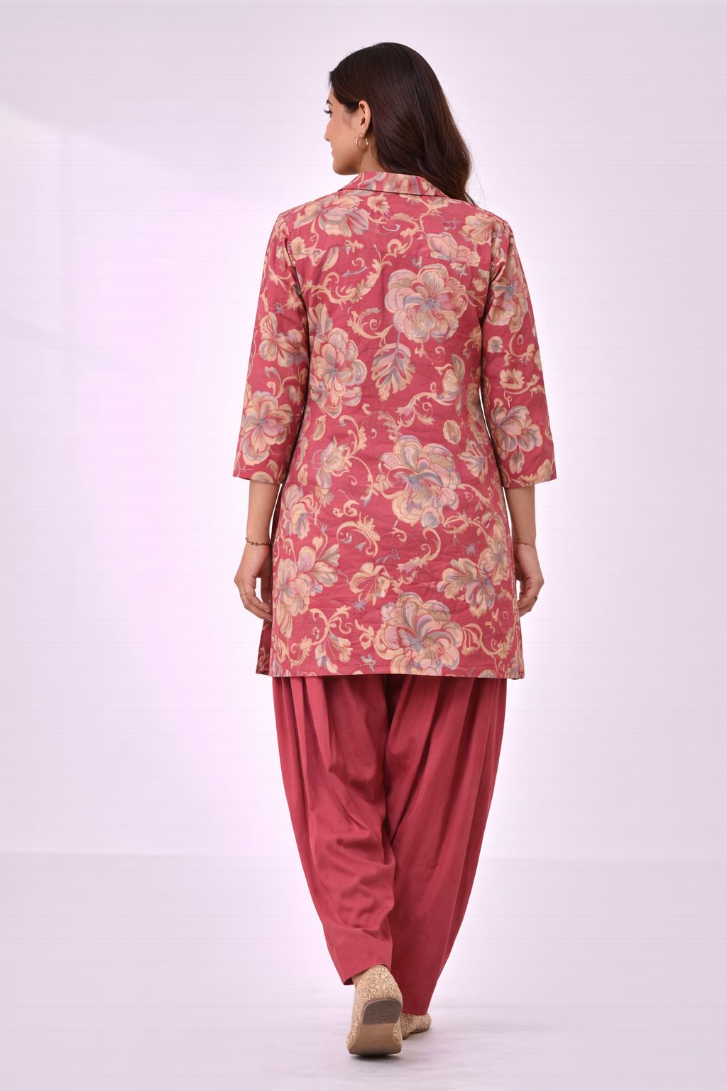 Onion Pink Floral Co-Ord Set with Patiala Pant – Collar Neck Ethnic Wear