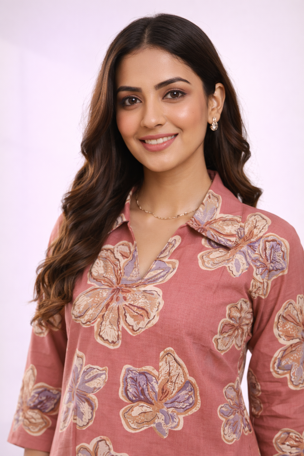 Peach Floral Co-Ord Set with Patiala Pant – Collar Neck Ethnic Casual Wear