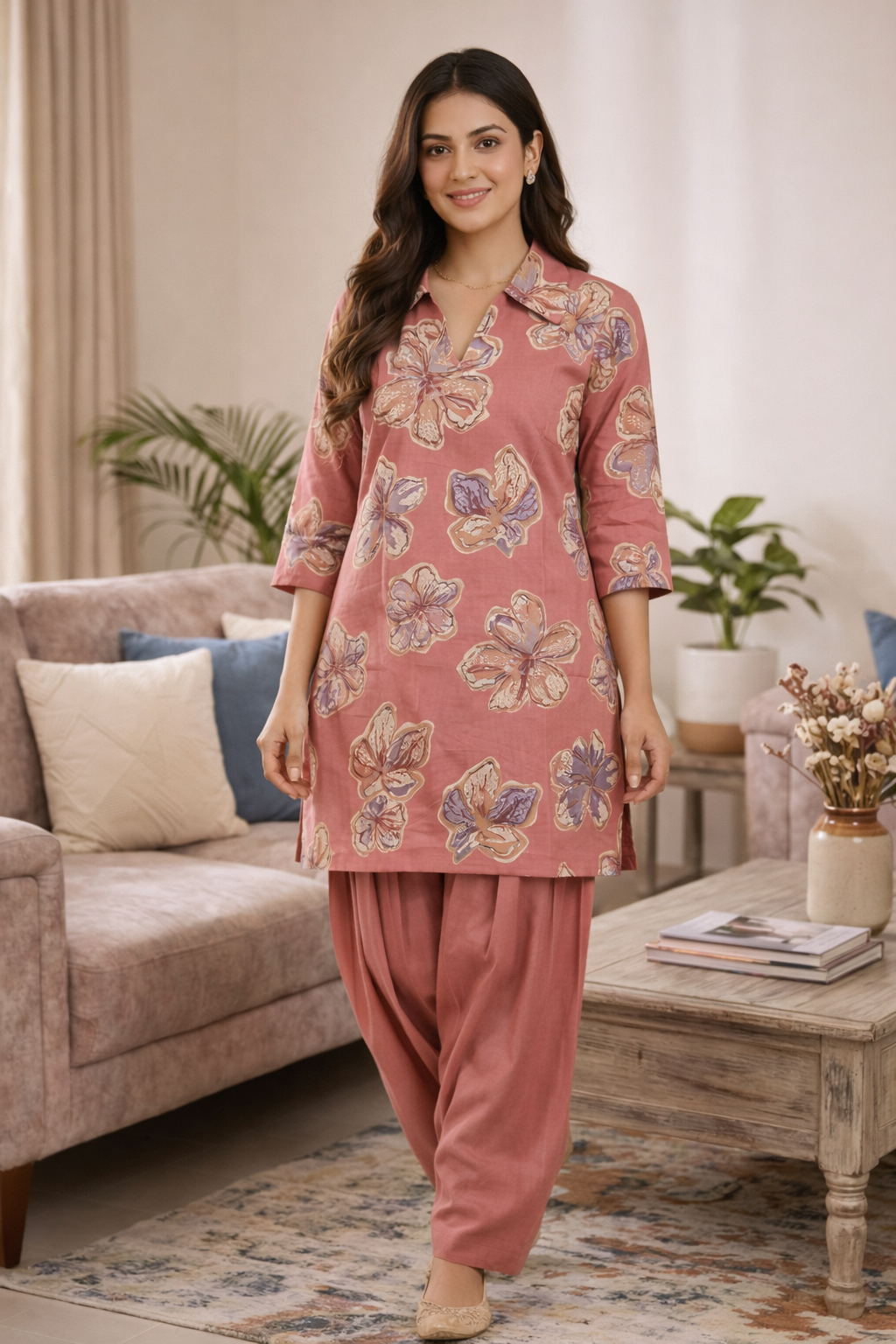 Peach Floral Co-Ord Set with Patiala Pant – Collar Neck Ethnic Casual Wear