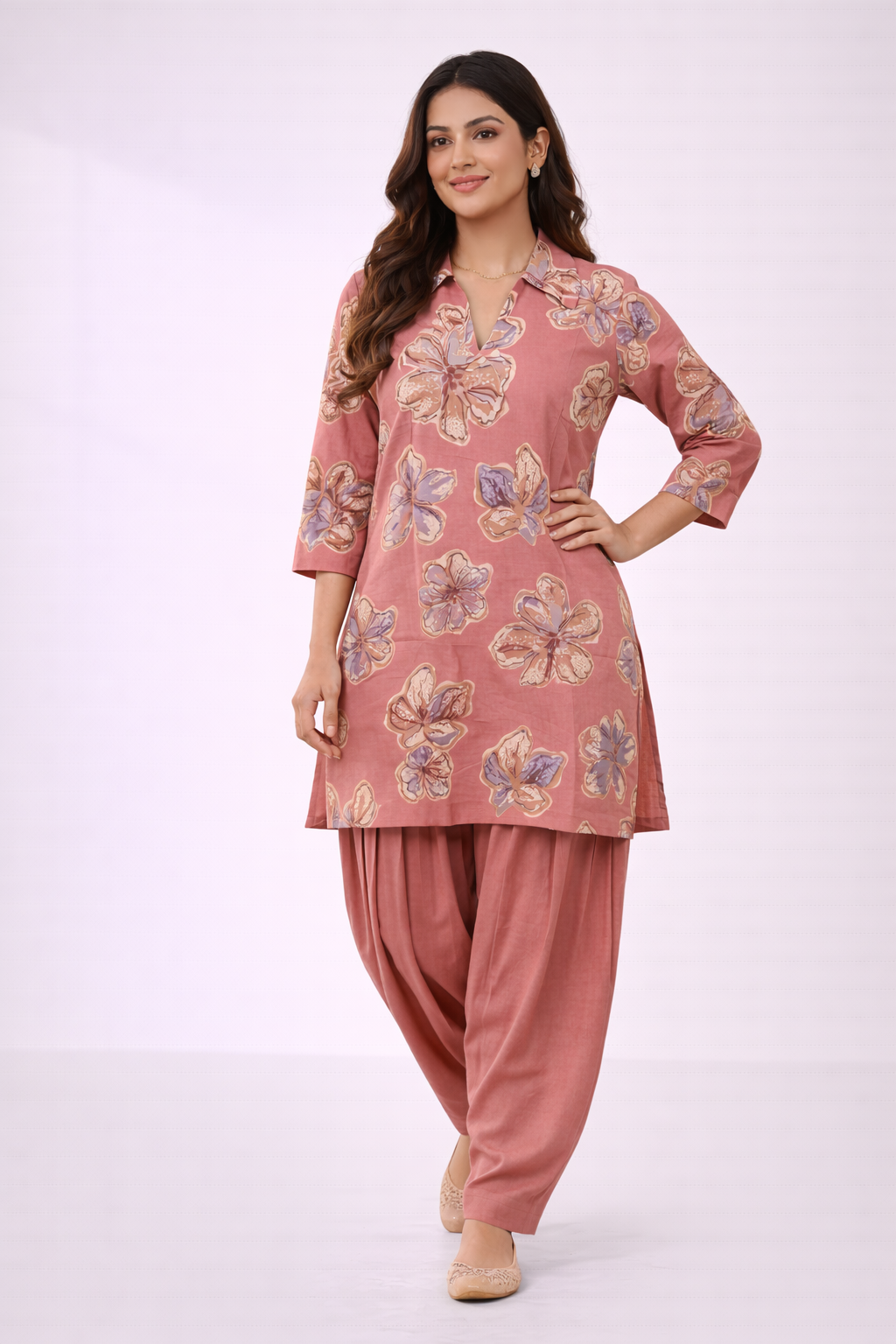 Peach Floral Co-Ord Set with Patiala Pant – Collar Neck Ethnic Casual Wear