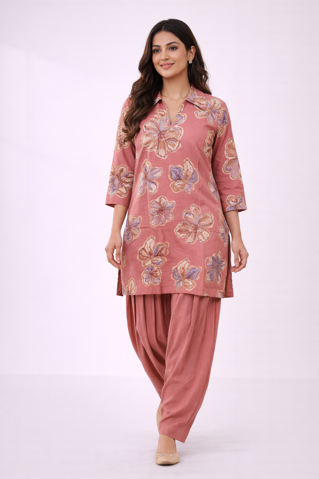 Peach Floral Co-Ord Set with Patiala Pant – Collar Neck Ethnic Casual Wear