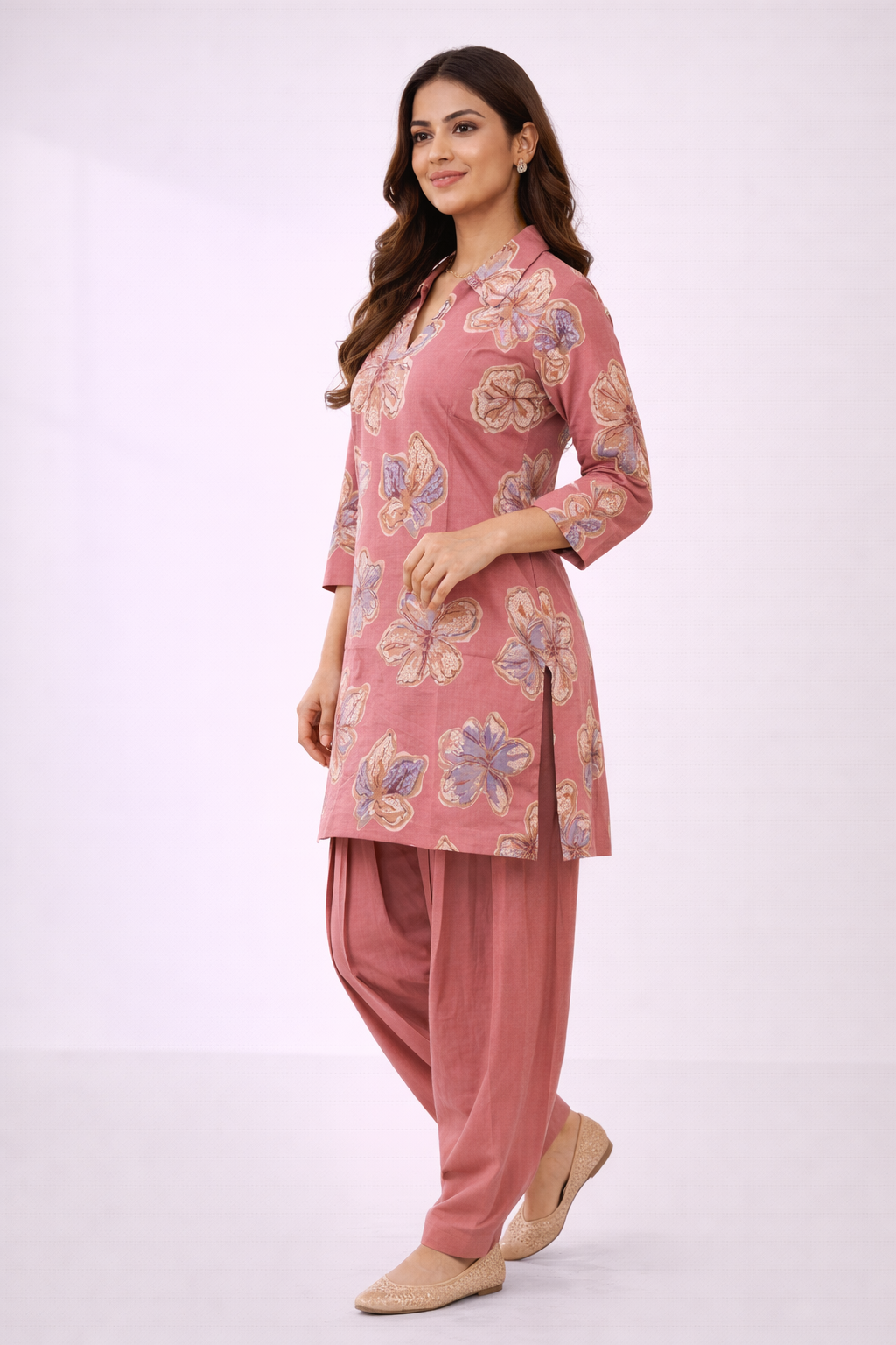 Peach Floral Co-Ord Set with Patiala Pant – Collar Neck Ethnic Casual Wear