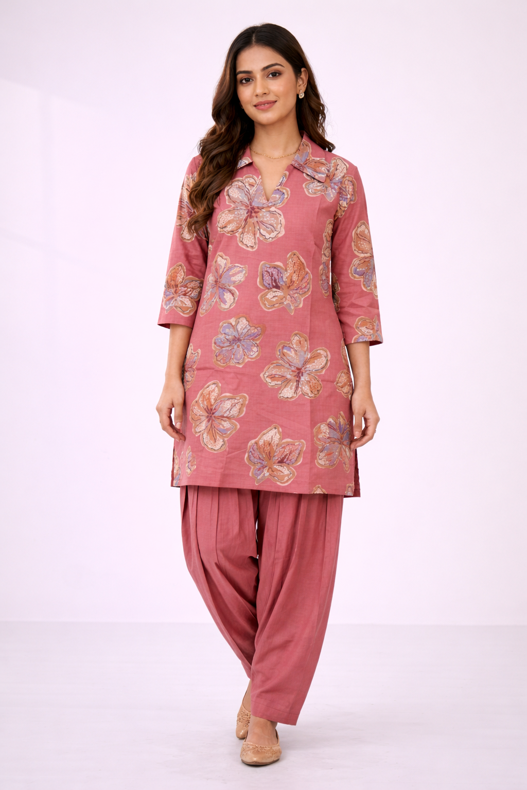 Peach Floral Co-Ord Set with Patiala Pant – Collar Neck Ethnic Casual Wear
