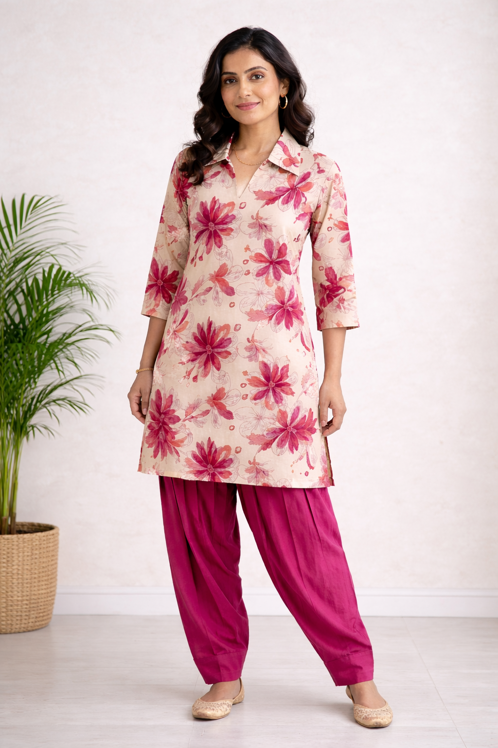 Cream & Pink Floral Co-Ord Set with Patiala Pant – Collar Neck Ethnic Wear
