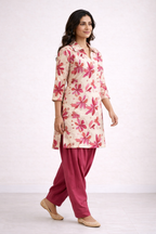 Cream & Pink Floral Co-Ord Set with Patiala Pant – Collar Neck Ethnic Wear