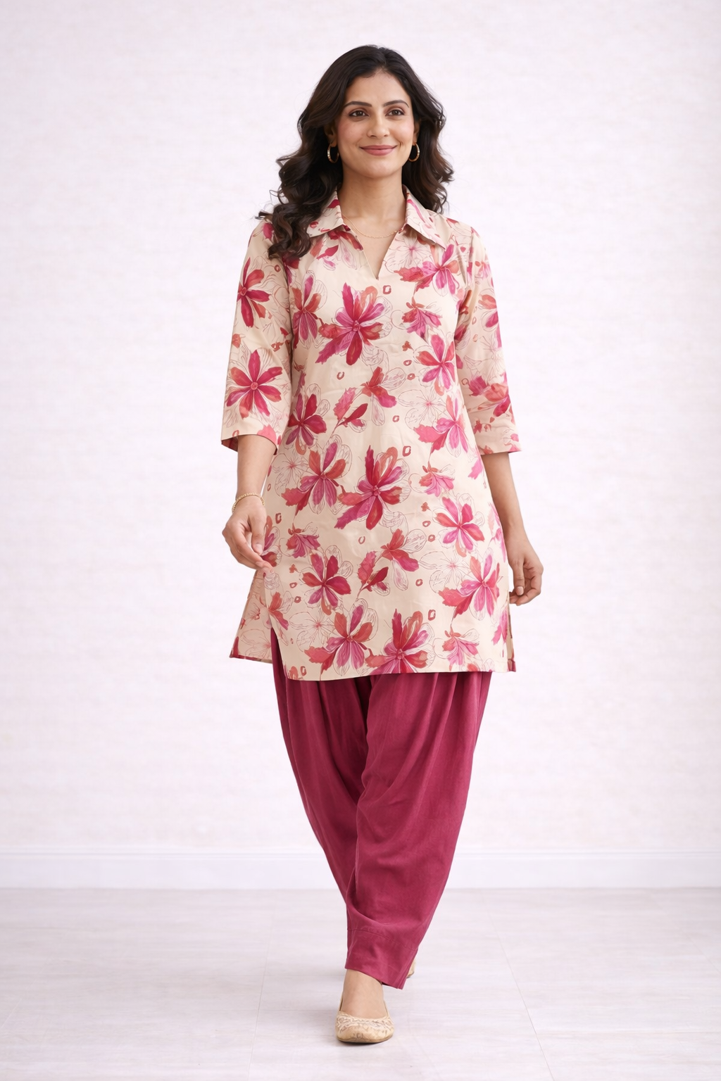 Cream & Pink Floral Co-Ord Set with Patiala Pant – Collar Neck Ethnic Wear