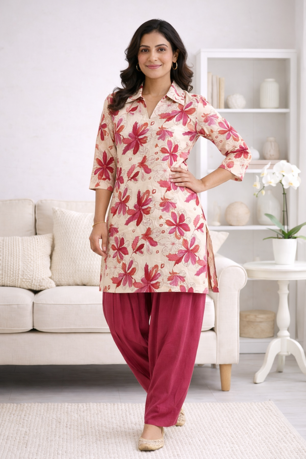 Cream & Pink Floral Co-Ord Set with Patiala Pant – Collar Neck Ethnic Wear