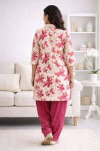 Cream & Pink Floral Co-Ord Set with Patiala Pant – Collar Neck Ethnic Wear