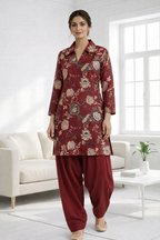 Maroon Floral Co-Ord Set with Patiala Pant – Collar Neck Ethnic Casual Wear