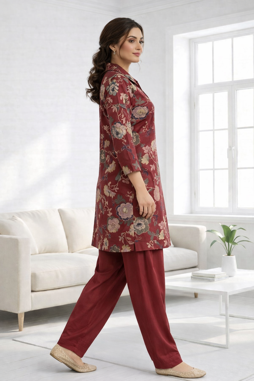 Maroon Floral Co-Ord Set with Patiala Pant – Collar Neck Ethnic Casual Wear