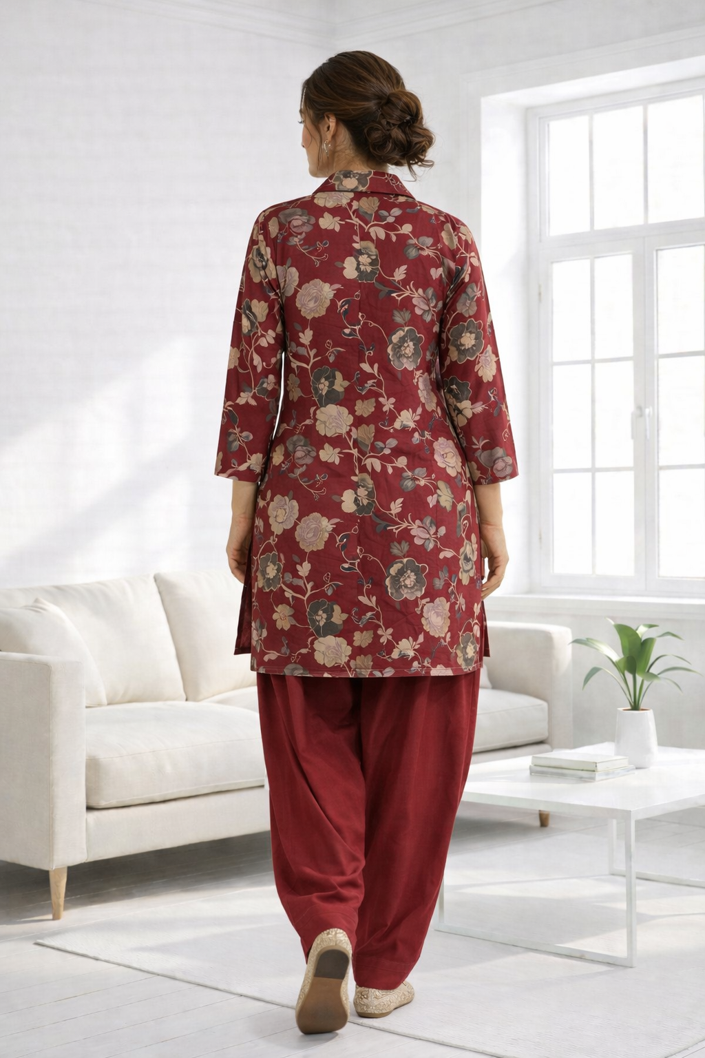 Maroon Floral Co-Ord Set with Patiala Pant – Collar Neck Ethnic Casual Wear