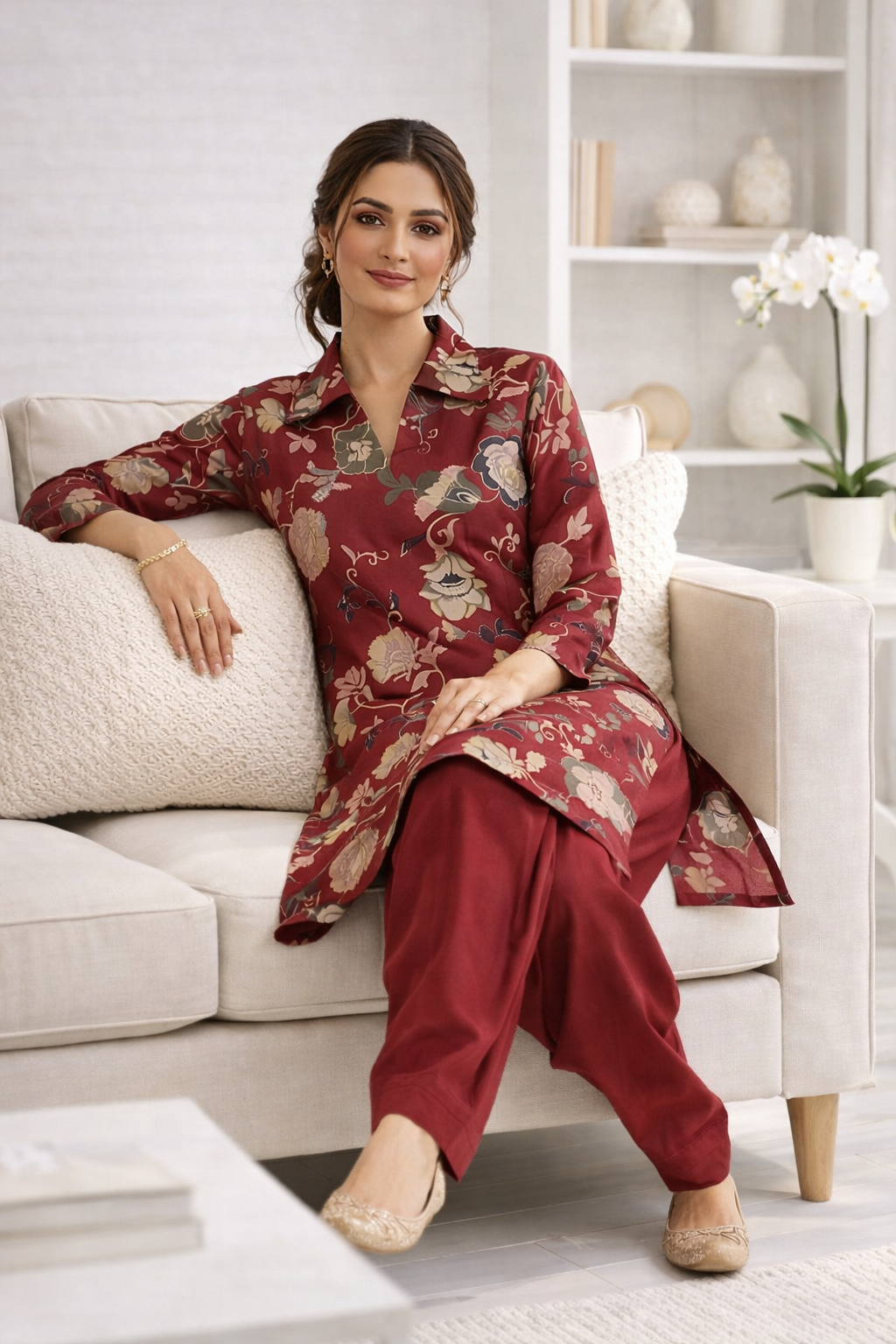 Maroon Floral Co-Ord Set with Patiala Pant – Collar Neck Ethnic Casual Wear