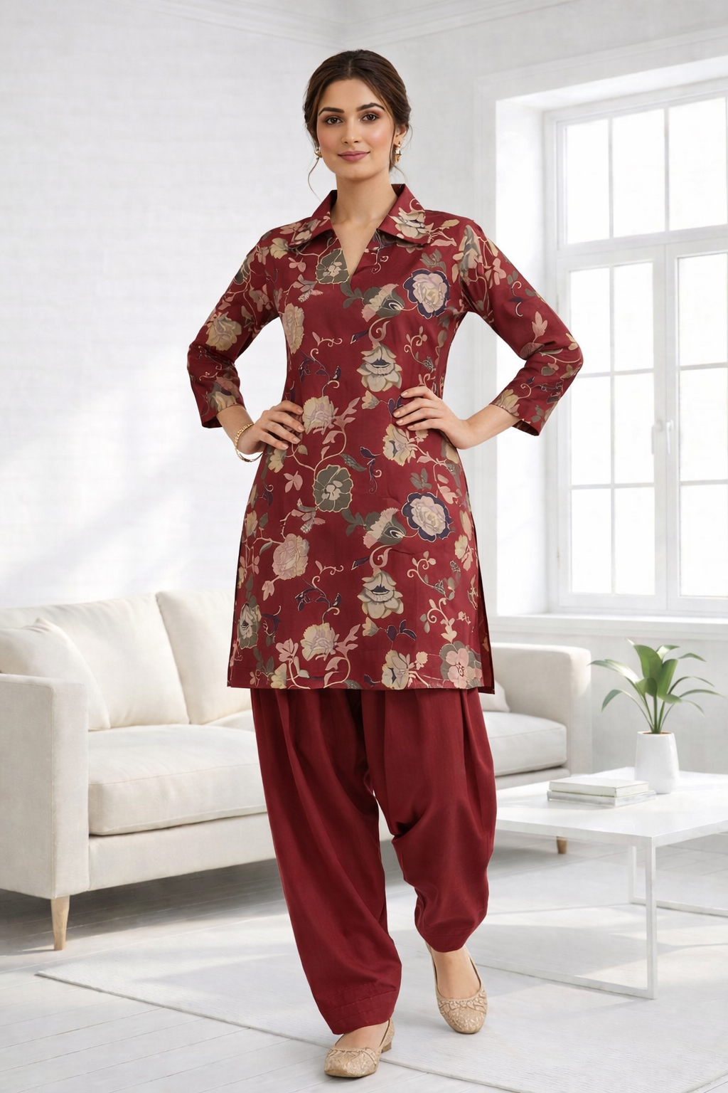 Maroon Floral Co-Ord Set with Patiala Pant – Collar Neck Ethnic Casual Wear
