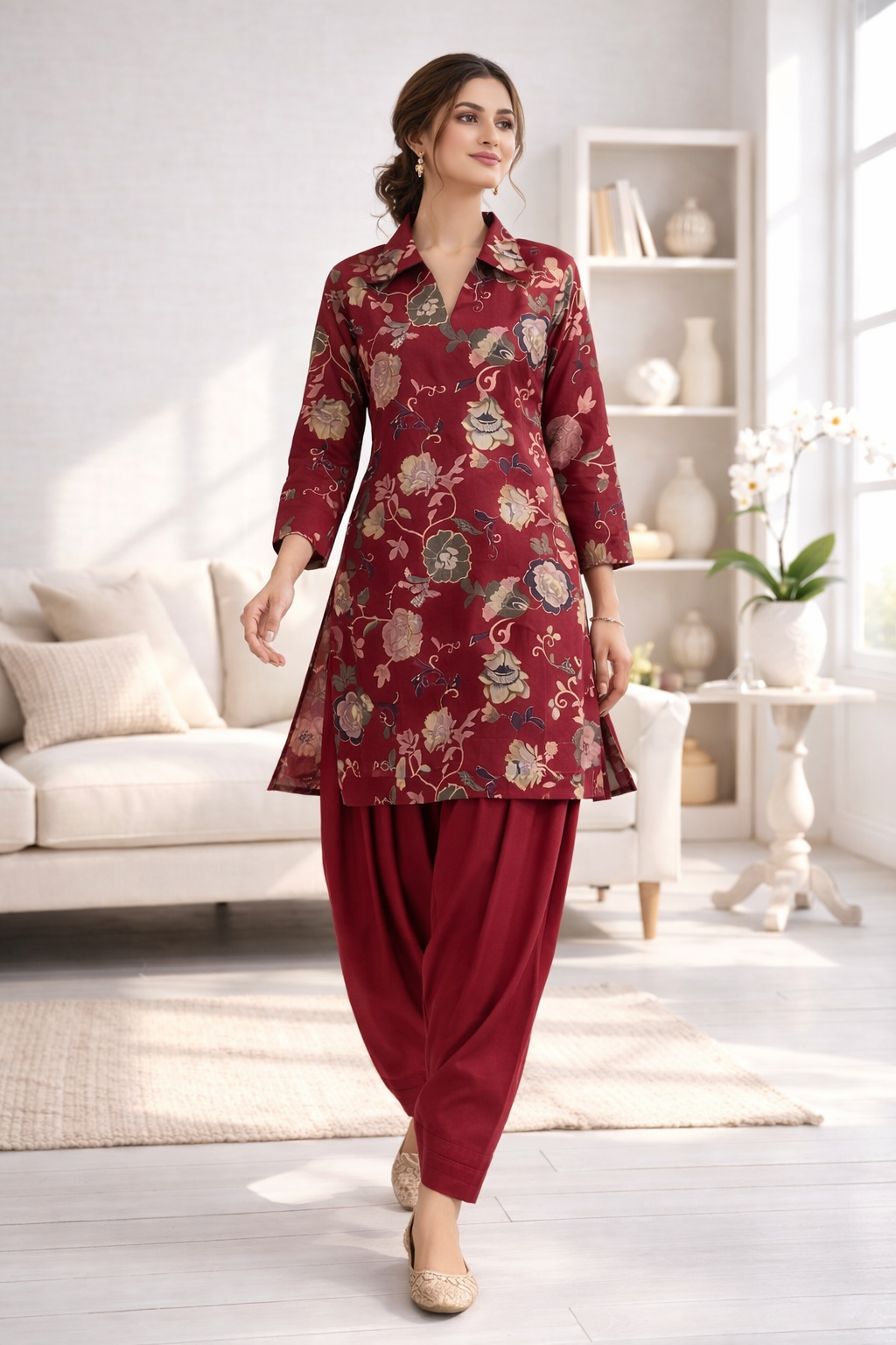 Maroon Floral Co-Ord Set with Patiala Pant – Collar Neck Ethnic Casual Wear