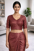Maroon Silk Brocade Saree Blouse with Deep U-Back & V-Neck Design