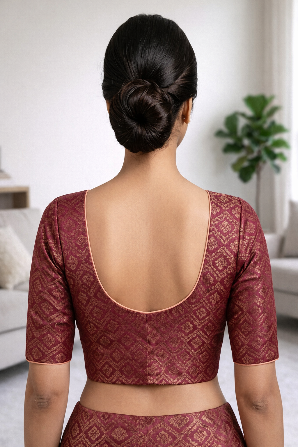 Maroon Silk Brocade Saree Blouse with Deep U-Back & V-Neck Design